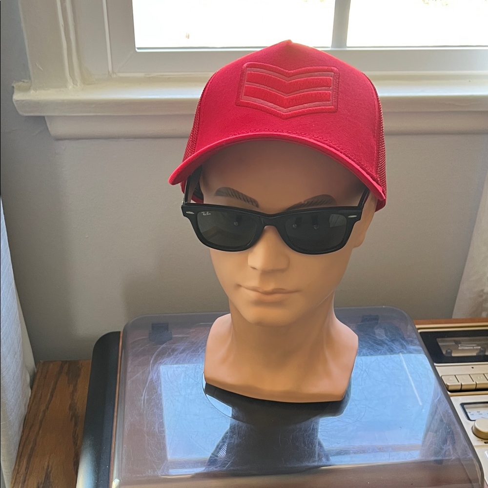 Red Mesh Trucker Hat with Chevron Patch
